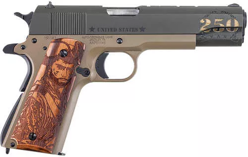 Auto-Ordnance 1911 Army Full Size Frame 45 ACP 7+1 5" Stainless Steel Barrel, OD Green Cerakote w/Engraving Steel Serrated Slide, Coyote Tan Cerakote Steel Frame w/Beavertail, Custom Wood Grip