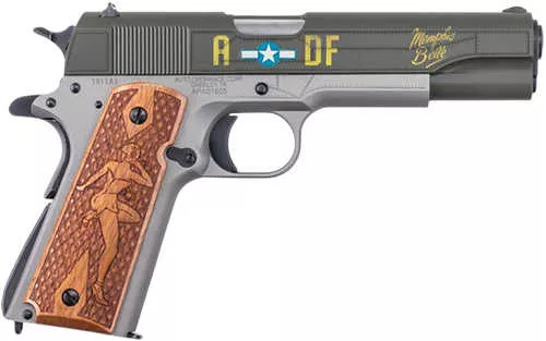Auto-Ordnance 1911 Memphis Belle Full Size Frame 45 ACP 7+1 5" Stainless Steel Barrel, OD Green Cerakote Serrated Slide, Gray Cerakote Steel Frame w/Beavertail, Custom Engraved Wood Grip