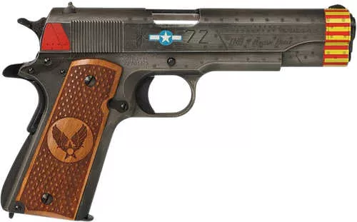 Auto-Ordnance 1911 Red Tails Full Size Frame 45 ACP 7+1 5" Stainless Steel Barrel, Savage Cerakote Serrated Slide, Savage Cerakote Steel Frame w/Beavertail, Custom Engraved Wood Grip
