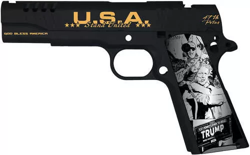 Auto-Ordnance 1911 Trump Fight Limited Edition 45 ACP 7+1 5" Stainless Match Grade Barrel, Black w/Gold Engraving Engraved/Ported/Serrated Black Cerakote Slide, Black Cerakote Stainless Steel Frame, Engraved Aluminum Grip