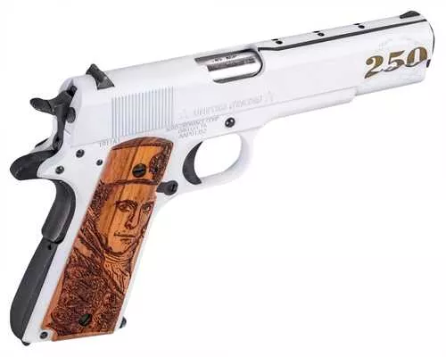 Auto-Ordnance Navy 250th Anniversary Full Size Frame 45 ACP 7+1 5" Stainless Barrel, Arctic White/Savage Stainless Cerakote Carbon Steel Serrated w/Engraving Slide & Steel Frame w/Beavertail, Custom Engraved Wood Grip