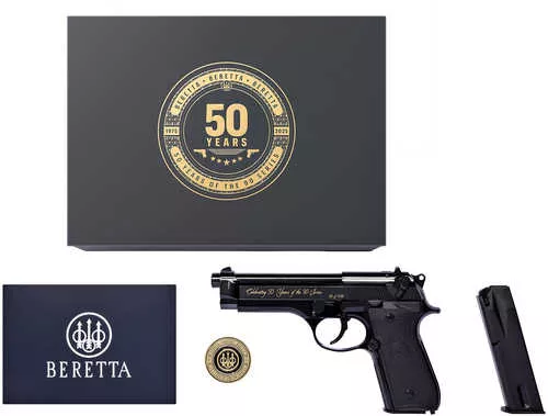 Beretta USA 92SB Repro 50th Anniversary 9mm Luger 15+1 4.90" Blued Barrel, Polished Blued Engraved/Serrated Slide, Polished Anodized Aluminum Frame w/Beavertail, Black G10 Grip