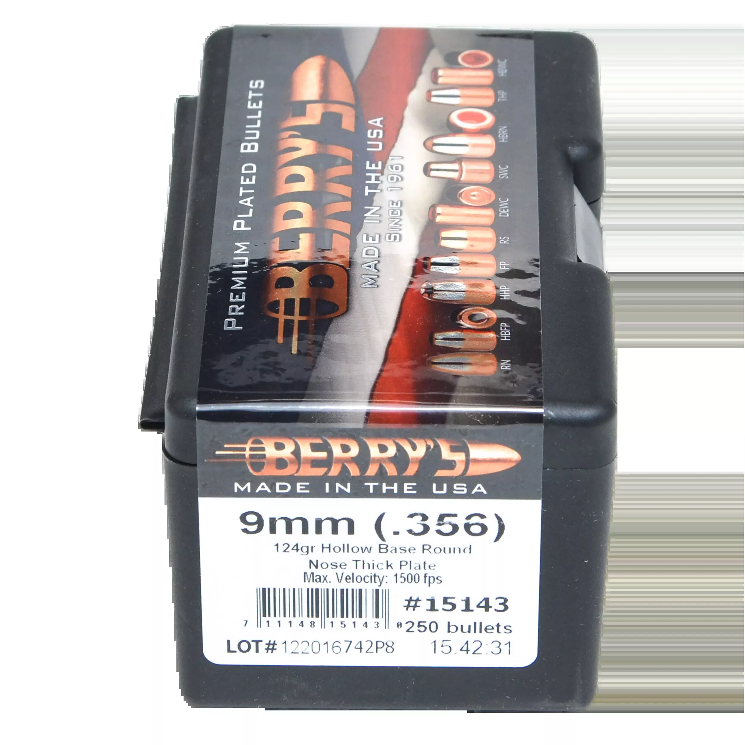 Berry's Superior Pistol 9mm .356 124gr Hollow Base Round Nose Thick Plate - 250/Box