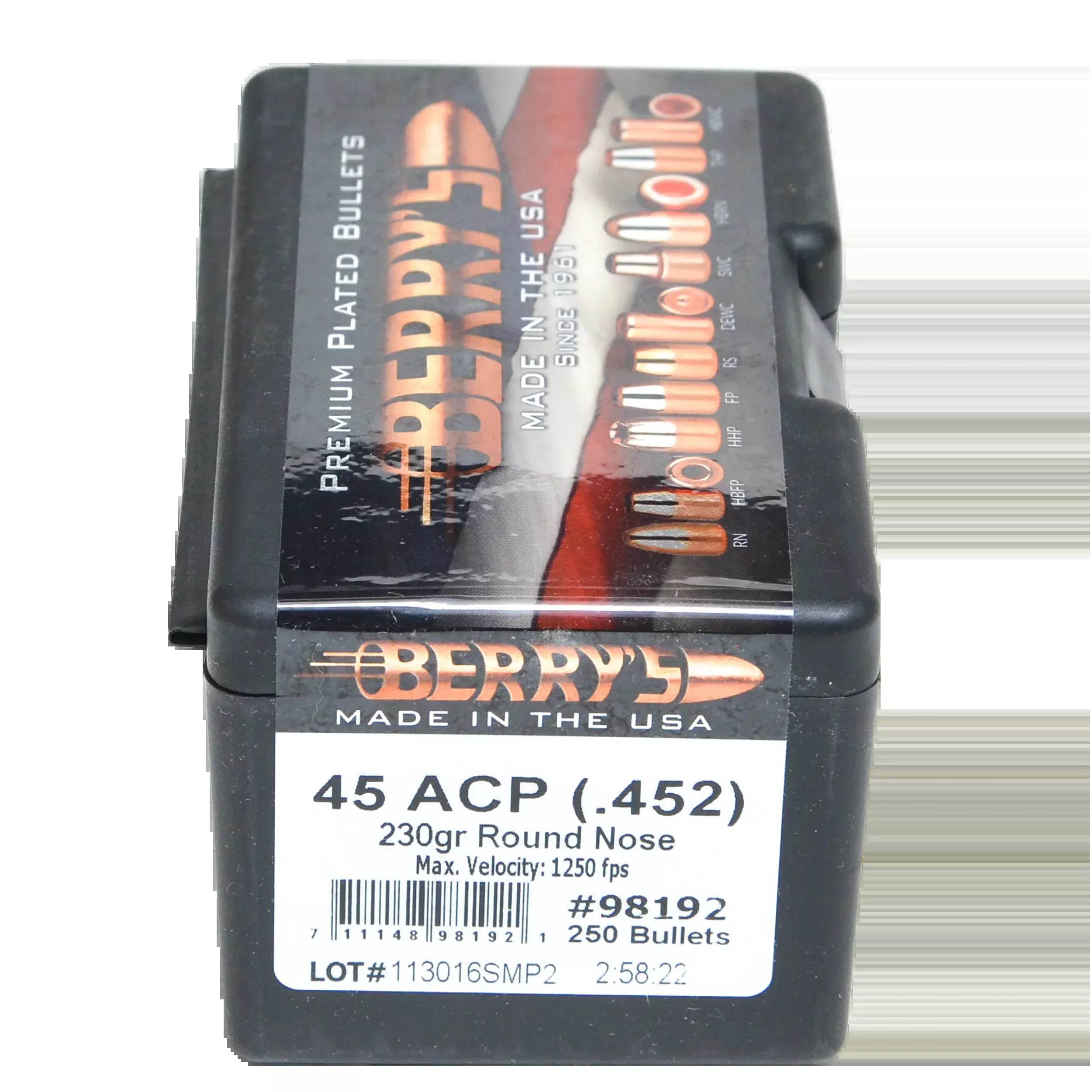 Berry's Superior Plated .45 Cal (.452) 230gr Round Nose Pistol Bullets - 250/Box