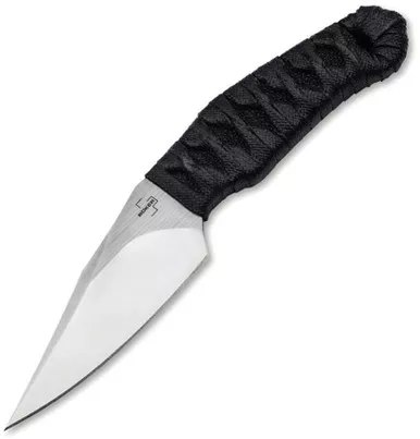 Boker Plus 302 Fixed Blade Knife - 3.39" Nitro-V Satin Clip Point Blade, Wrapped Black Fish Skin Handle, Kydex Sheath - 02BP0006