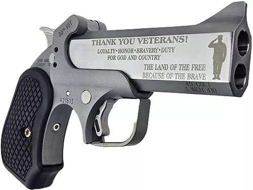 Bond Arms 30th Vet 45 Colt (Long Colt)/410 Gauge 2 Shot 4.25" Engraved Rough Matte Stainless Steel Barrel & Frame, Black Rubber Grip