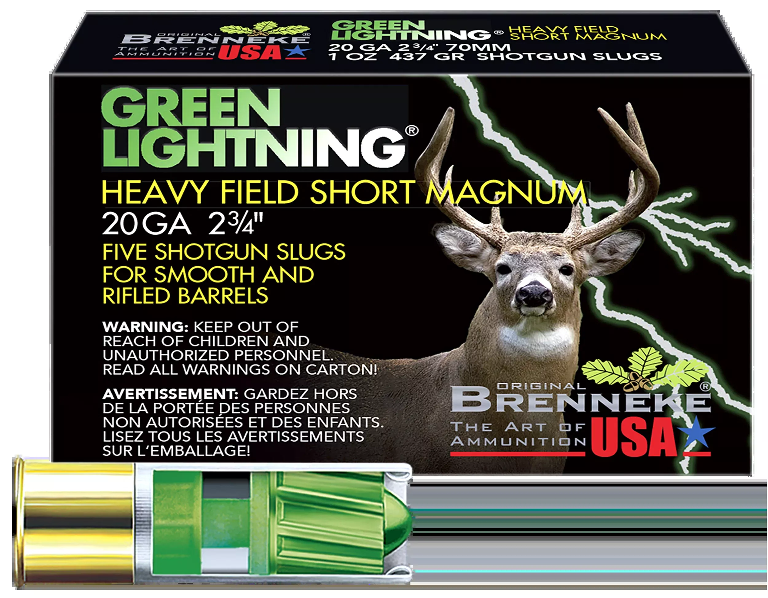 Brenneke Green Lightning Heavy Field Short Magnum 20 Gauge 2.75" 1 oz Slug 5 Rd - Box or Case