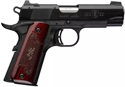 Browning 1911 Black Label Medallion Compact 22 LR 10+1 3.63" Matte Stainless Barrel, Black Anodized Aluminum Serrated Slide, Matte Black Polymer Frame w/Beavertail, Rosewood w/Gold BuckMark Inlay Grip