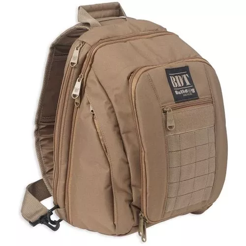 Bulldog BDT408T BDT Tactical Sling Pack Small Style made of Nylon with Tan Finish, Padded Compartments, Conceal Carry Pockets & Includes Universal Holster 14" H x 10" W x 7" D