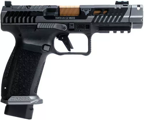 Canik TTI Combat 9mm Luger 18+1 4.60" Bronze PVD Ported Spiral Barrel Compensated, Smoke Cerakote Steel Optic Ready/Ported/Serrated Slide, Black Polymer Frame w/Picatinny Rail, Interchangeable Backstrap Grip