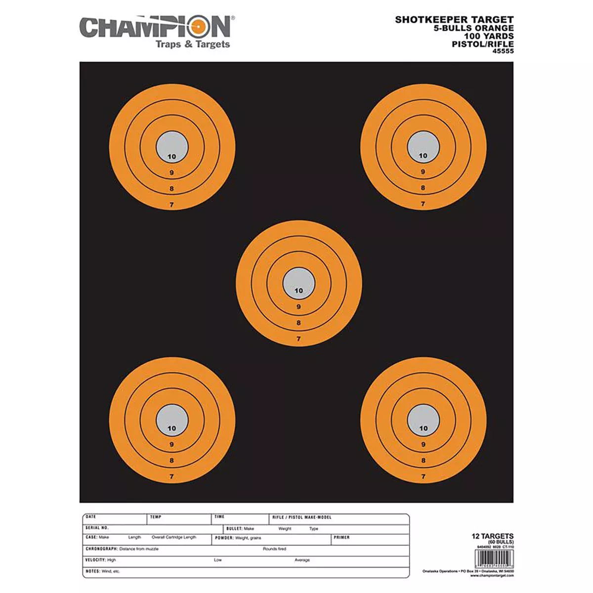 Champion Targets 45555 Shotkeeper5" Bullseye Paper 100 yds Pistol/Rifle Large Black/Orange 12 PK
