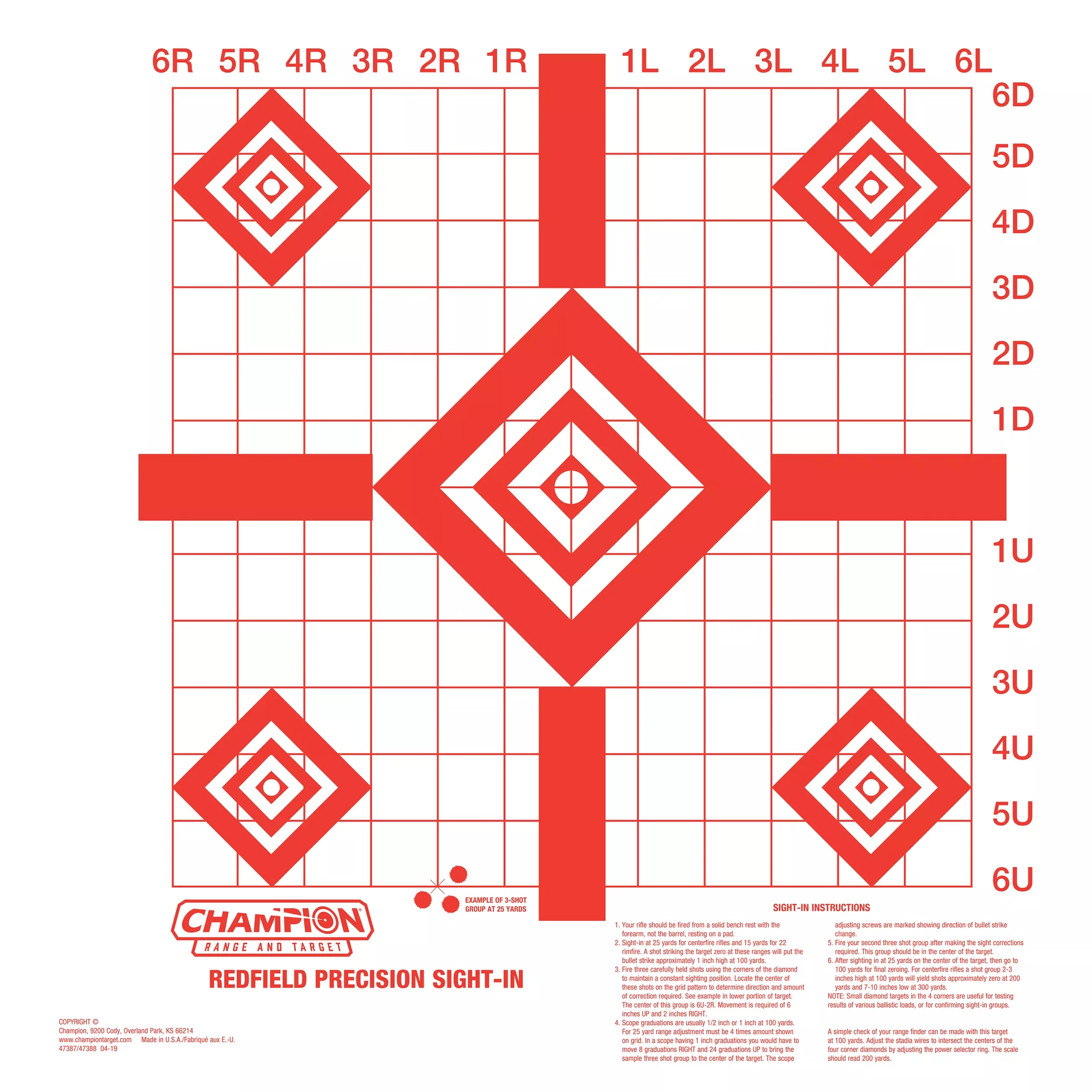 Champion Targets Redfield Sight-In Diamond Paper Pistol/Rifle Target 16" x 16" White/Red 10 Pack