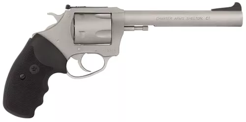 Charter Arms 79960 PitbullLarge 9mm Luger, 5 Shot 6" Matte Stainless Steel Barrel, Cylinder & Frame w/Black Finger Grooved Rubber Grip