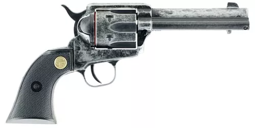 Chiappa Firearms 340089 SAA 1873Medium Frame 22 LR 6 Shot, 4.75" Antiqued Steel Barrel, Antiqued Steel Frame, Antique Cylinder, Black Plastic Grip, Exposed Hammer