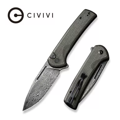 CIVIVI Conspirator Button Lock Flipper Knife - 3.48" Damascus Drop Point Blade, Dark Green Micarta Handles