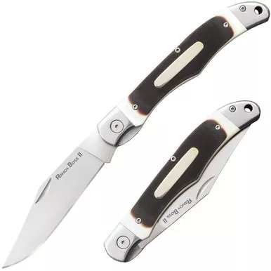 Cold Steel Ranch Boss II Folding Knife - 4" SK-5 Clip Point Blade, Faux Sawed Bone Handles with Stainless Steel Bolsters, Leather Sheath, Liner Lock