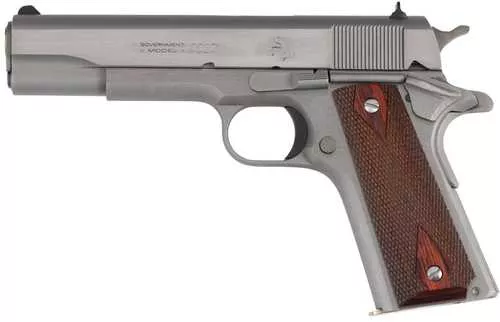 Colt 1911 Government 9mm Luger 9+1 5" Stainless National Match Barrel, Stainless Steel Serrated Slide, Stainless Streel Frame w/Beavertail, Double Diamond Checkered Wood Grip