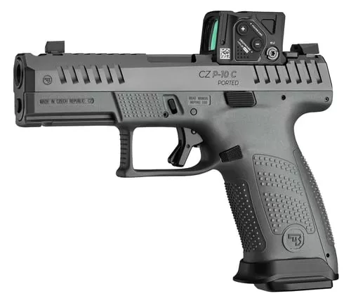CZ-USA 01582 P-10 C w/Optic Compact Frame 9mm Luger 10+1 4" Black Nitride Integral Compensator Barrel, Black Nitride Steel Serrated w/Optic Slide, Black Polymer Frame w/Accessory Rail Textured Grip, A