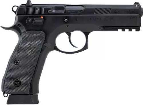 CZ-USA 89352 75 SP-01Full Size Frame 9mm Luger 19+1 4.60" Black Steel Barrel, Black Steel Serrated Slide, Black Polycoat Steel Frame w/Beavertail & Picatinny Rail, Black Rubber Grip, Right Hand