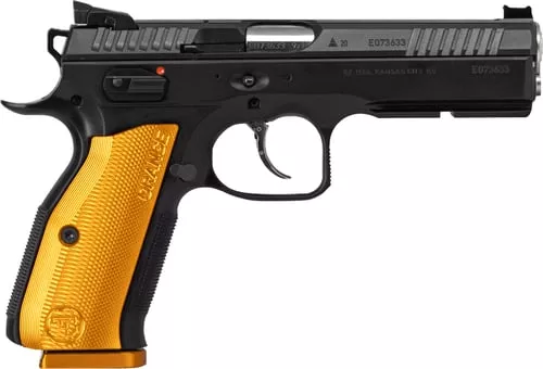 CZ-USA 91248 Shadow 29mm Luger 17+1 4.89" Stainless Steel Barrel, Black Nitride Optic Cut/Serrated Slide, Black Steel Frame w/Beavertail & Picatinny Rail, Orange Checkered Aluminum Grip