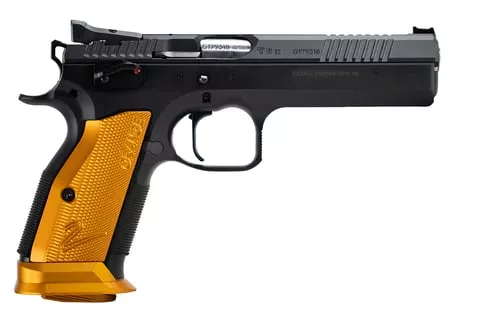 CZ-USA 91265 TS240 S&W 17+1 5.20" Black Bull Barrel, Black Slide, Black Polycoat Frame, Orange Checkered Aluminum Grip