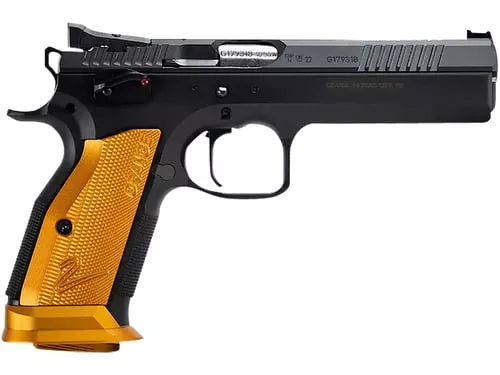 CZ-USA 91266 TS 29mm Luger 20+1 5.28" Stainless Bull Barrel, Black Serrated Steel Slide, Black Polycoat Steel Frame w/Beavertail, Orange Checkered Aluminum Grip