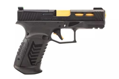 Derya Firearms DY9GUS DY99mm Luger 15+1 4.02" Gold TiN Steel Barrel, Black Nitride Optics Ready/Serrated Alloy Steel Slide, Black Polymer Frame w/Accessory Rail, Black Interchangeable Backstrap Grip