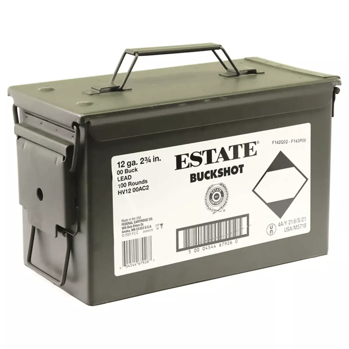 Estate 12 GA Ammo 2-3/4" 00 Buckshot 9 Pellet 100 Rounds in Ammo Can