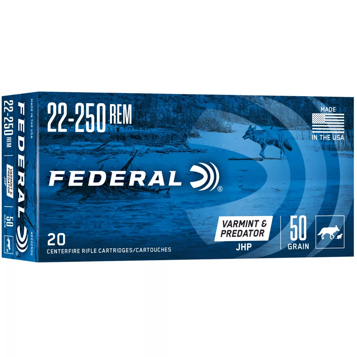 Federal American Eagle Varmint & Predator 22-250 Rem 50 grain, 20 Per Box - AE22250G