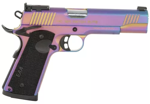 Girsan 391091 MC1911Full Size Frame 45 ACP 8+1 5" Stainless Bull Barrel, Multi Color PVD Coating Serrated Steel Slide, Multi Color PVD Coating Steel Frame w/Beavertail, Black Textured Grip