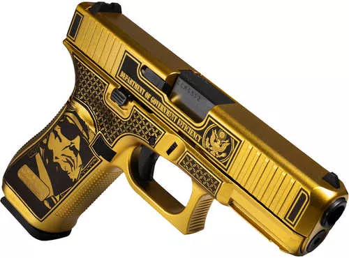 Glock G47 Gen 5 MOS D.O.G.E. Full Size Frame 9mm Luger 17+1 4.49" Black GMB Barrel, Glamour Glock Gold Cerakote Serrated Steel Slide w/D.O.G.E., Glamour Glock Gold Cerakote Polymer Frame w/Trump & Elon