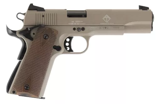 GSG GSG2210M1911T 191122 LR 10+1 5" Threaded Barrel, Tan Serrated Slide & Zinc Alloy w/Beavertail Frame, Double Diamond Walnut Grip