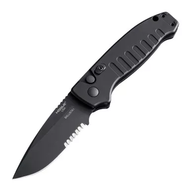 Hogue Ballista Automatic Knife 3.50" CPM-154 Black Cerakote Serrated Blade Black Aluminum - 64139