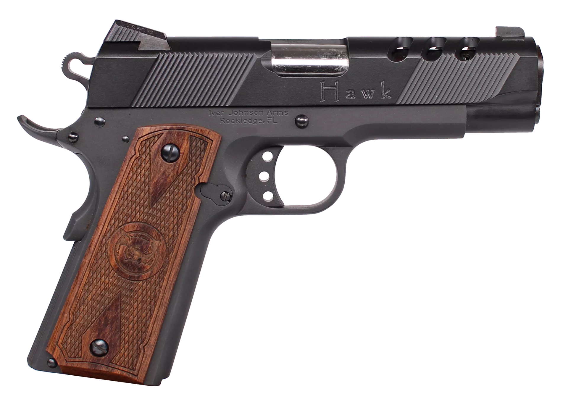 Iver Johnson Arms HAWK45P Hawk Commander 45 ACP 8+1 4.25" Black Ported Barrel, Matte Black Steel Ported/Serrated Slide, Matte Black Steel Frame w/Beavertail, Checkered Double Diamond Walnut Grip, Righ