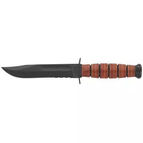 Ka-Bar 1252 USMC5.25" Fixed Clip Point Part Serrated 1095 Cro-Van Blade Leather Handle
