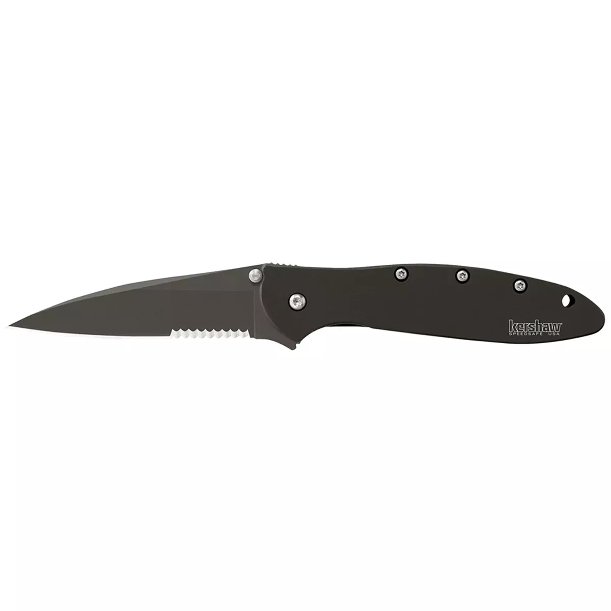 Kershaw 1660CKTST Leek3" Drop Point Part Serrated DLC Black 14C28N Sandvik Stainless Steel DLC Black 410 Stainless Handle Folding