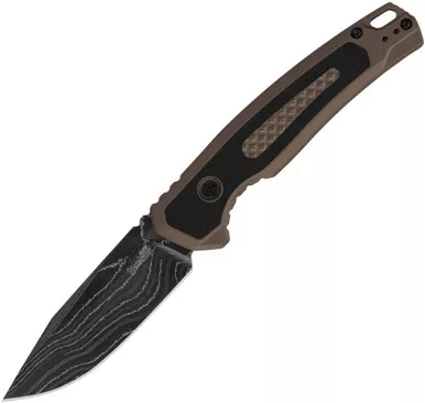 Kershaw 7106DAM Launch 21 Button Lock AUTO Folding Knife - 3.45" Damascus Black Drop Point Blade, Flat Dark Earth Aluminum Handles with Black G10 Inlays, Deep Carry Reversible Clip