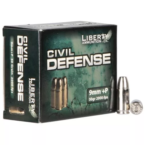 Liberty Ammunition LACD09014 Civil Defense9mm Luger +P 50 gr Hollow Point (HP) 20 Bx/ 50 Cs