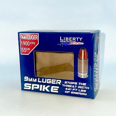 Liberty Ammunition Spike 9mm Luger Ammunition 55 Grain Solid Hollow Point LASPI29MM552000 - 20 Rounds per Box