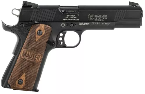 Mauser Rimfire 4110605 191122 LR 10+1 5" Black Steel Barrel, Black Aluminum Slide, Black Aluminum Frame w/Beavertail, Walnut Grip, Ambidextrous