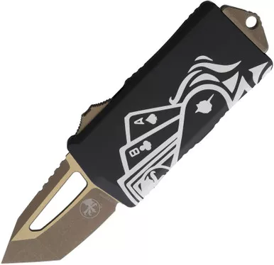 Microtech Exocet 158-13DMS Dead Man's Hand Signature Series OTF Money Clip - 1.98" Tanto Bronze Apocalyptic Blade, Black DMS Aluminum Handles