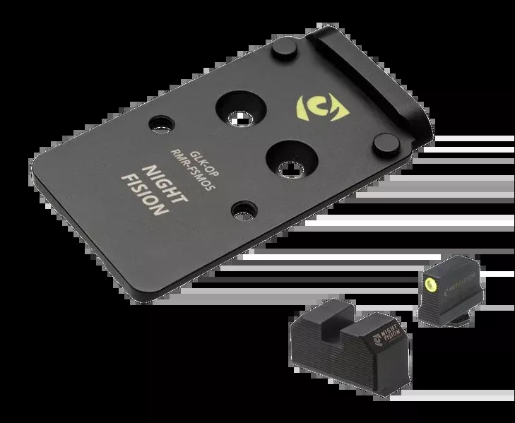 Night Fision GLK-OPBS-RMR-MOS-YGZX Optic Plate + Backup Sights Combo - 17-4 Stainless Steel Black Nitride - Yellow Tritium Front / Blacked Out Rear - Fits Glock Full Size MOS 17/19/47 - RMR / 507C Footprint