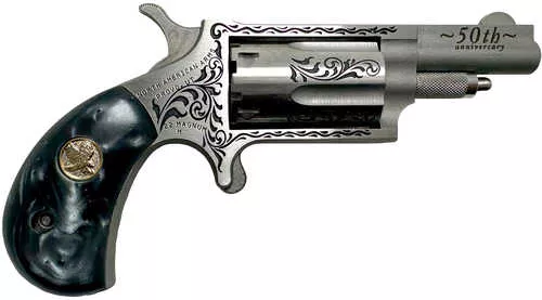 North American Arms 50th Anniversary 22 Mag 5 Shot 1.63" Matte Stainless w/"50th Anniversary" & Scroll Engraving, White Pearl Grip, Exposed Hammer