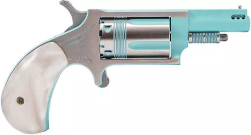 North American Arms Iris undefined 22 Mag 5 Shot 1.63" Turquoise Cerakote Ported Barre Matte Stainless Steel Frame, Stainless/Turquoise Cylinder, Faux White Pearl Grip, Exposed Hammer