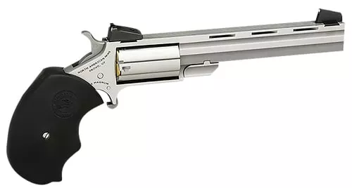 North American Arms MMTL Mini-Master *CA Compliant 22 LR 5 Shot 4" Stainless Steel Vent Rib Barrel, Stainless Steel Frame, Stainless Cylinder, Black Finger Grooved Rubber Grip, Exposed Hammer