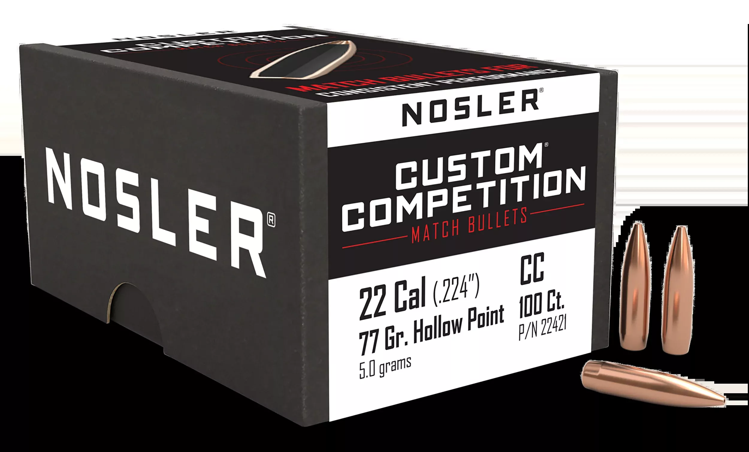 Nosler Custom Competition .224 77gr HPBT Match Bullets, 100 Count - 22421