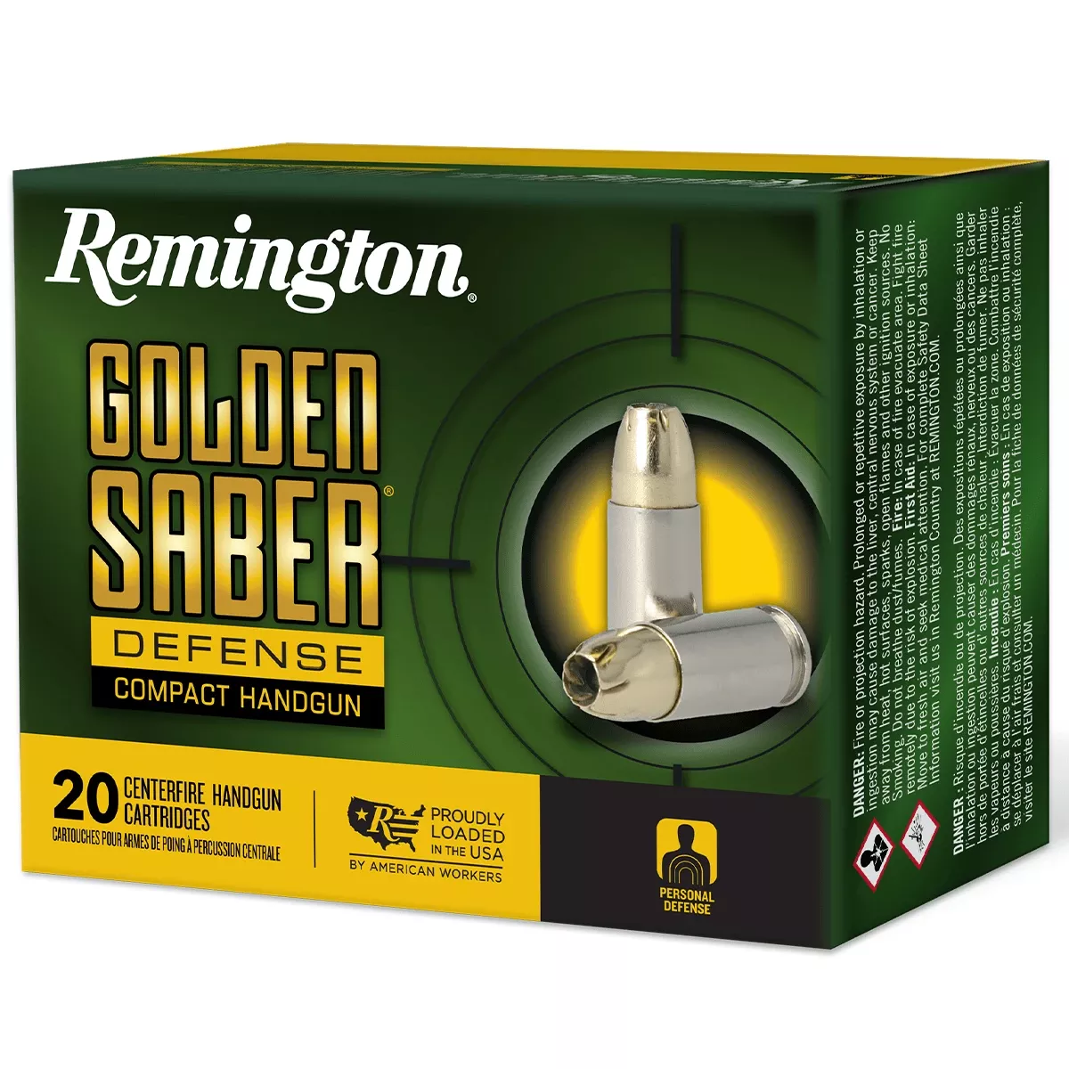 Remington Ammunition 27613 Golden Saber Defense 9mm Luger 124 gr Brass Jacket Hollow Point (BJHP) 20 Per Box Ammo
