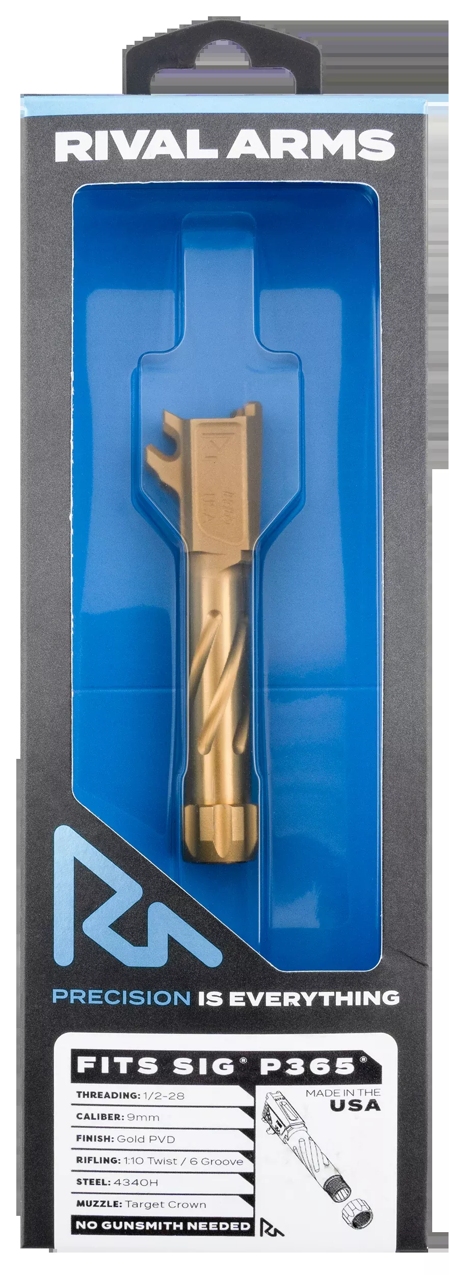 Rival Arms Precision Match Grade 9mm Luger 3.10" Fluted Threaded Gold PVD Drop-In Barrel - Fits Sig P365