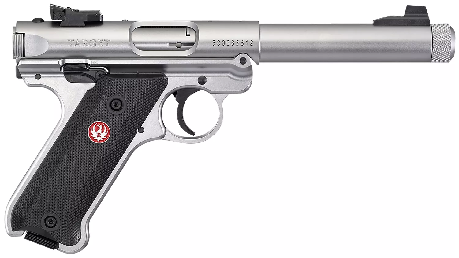 Ruger 40126 Mark IV Target 22 LR 10+1 5.50″ Satin Threaded Bull Barrel, Drilled & Tapped Receiver, Satin Stainless Steel Frame, Black Checkered Polymer Grip, Right Hand