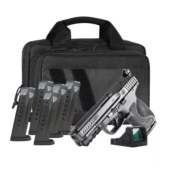 S&W M&P 9 Full Size M2.0 Optic Ready Handgun Bundle 9mm Luger 17rd Magazine(6) 4.22″ Barrel No Thumb Safety Black RFX11 Green Dot Savior Bag